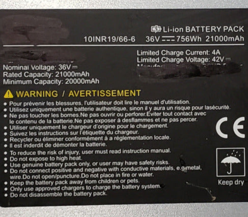 60 LG MJ1  18650 Cells in a 36v 756Wh 21000mAh 10s6p pack